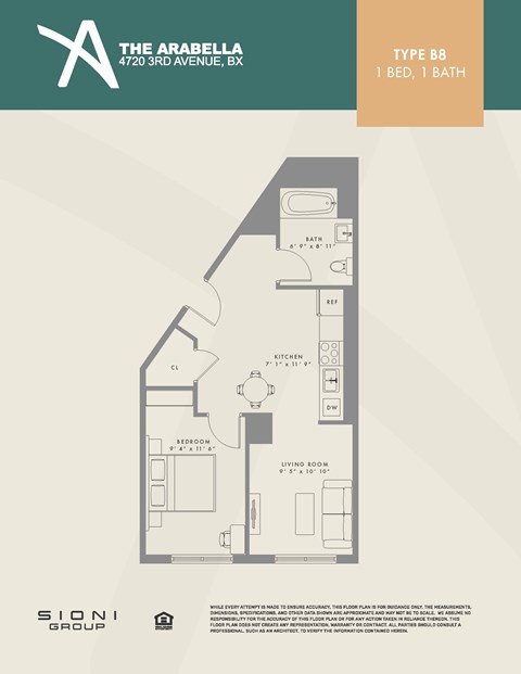 Floor plan for 2 beds, 1 bath, 528 sqft